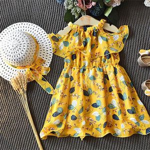 Abiti da ragazza Summer Kids Girls Chiffon Boho Print Abbigliamento per bambini Abito e cappello floreali senza maniche con spalle scoperte