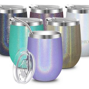 12oz Stainless Steel Wine Glass Mugs Insulated Handleless Travel Glass Coffee Mug with Sliding Lid and Reusable Straw Christmas Gift Glitter Lavender ss0112
