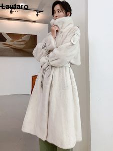 Damen-Trenchcoat aus Kunstpelz, Lautaro, für den Winter, lang, weiß, dick, warm, weich, flauschig, Nerz, für Damen, zweireihig, britischer Stil, modisch, 230111