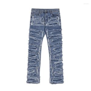 Herr jeans 2023 män rippade gamla hiphop slim-fit tyg stretch denim byxor i mitten av midjan avslappnade byxor
