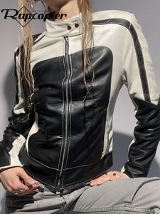 Jackets femininos Rapcopter y2k retalhos de retalhos de couro cargo listrado punk casaco moto moto grunge streetwear fora