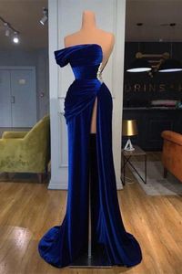 Royal Blue One Shoulder Velvet Long Evening Dresses Beaded Cutout Ruched Backless Floor Length Prom Gowns with High Split BC11436