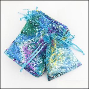 Jewelry Pouches Bags Coralline Organza Dstring Packaging Pouches Party Candy Wedding Favor Gift Design Sheer With Gilding Pattern 1 Dhwwb