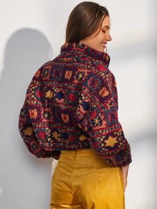 Jackets femininos estampa tribal casaco de pelúcia curta Mulheres étnicas aztec imprimido jaqueta de pele faux cortada de outono de inverno moda de moda 230111
