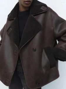 Giacche da donna Inverno Donna Risvolto in pelliccia marrone Manica lunga Tasca imbottita Giacca in pelle allentata Moda stile motociclista