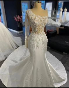 Luxury Beaded Floral Lace Mermaid Wedding Dresses One Shoulder Long Train Bridal Gowns Sleeve Illusio Sexy Ivory Satin Vestido De Novia