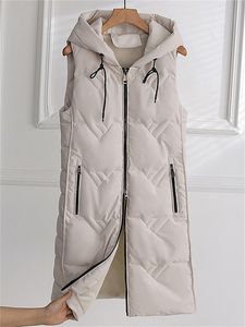 女性のベストコットンコート女性のノースリーブライト薄い長いスリムウエストコート秋の冬のファッション気質ベージュL3xlコート230111