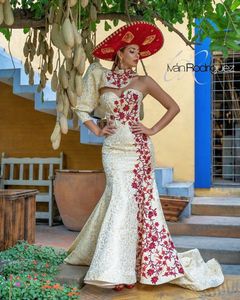 Mexcian Girl Champagne Mermaid Prome Prome с рукавом курткой 2023 Ретро кружевная вышивка вечернее наряд платье
