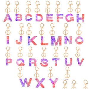 Keychains Lanyards AZ Inledande brev Keyring Akryl Fashion Glitter Harts Pendant Car Key Ring Par Chain Holder Women Bag Char DH1AL