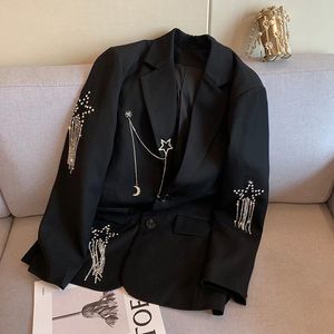 Women's Suits & Blazers Cakucool Women Spring Diamonds Beading Blazer Stars Shiny Tassels Fashion Chic Outerwear Black Loose Punk Jacket Fem