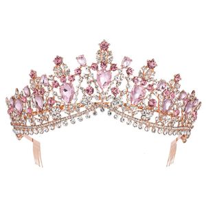 Wedding Hair Jewelry Baroque Rose Gold Pink Crystal Bridal Tiara Crown With Comb Pageant Prom Veil Headband Accessories 230112