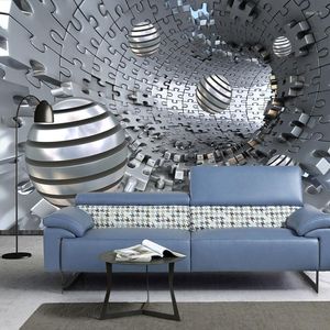 Tapety niestandardowe tapeta 3D nowoczesna kreatywna abstrakcyjna tunel przestrzeń imitacja metalowa kulka ścienna malowidła ścienne salon sofa sofa