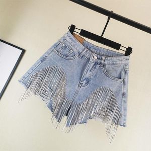 Kadın Şort Rhinestone Fringe Denim Kadın Lüks Geniş Bacak Yırtık Kot Seksi Kızlar Sokak Giyim Deliği Moda Boncuk Zarif Y2K Giysileri