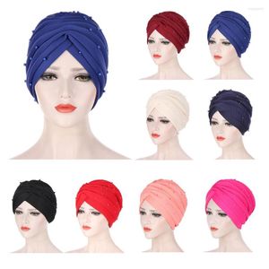 Abbigliamento etnico Donne musulmane Hijab Turbante Perline Cotone Testa Sciarpa Chemio Cap Cancro Cappello Islamico Pieghettato Copricapo Copertura perdita di capelli