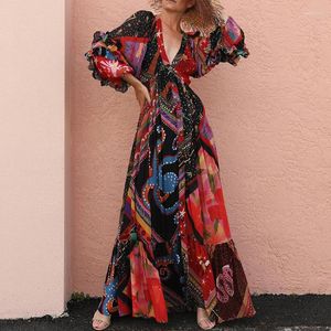 Abiti casual Donna 2023 Abito bohemien stampato con scollo a V Abito a maniche lunghe Beach Party Holiday Wear Boho Vestito estivo Abiti