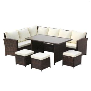 Chair Covers Oshion9-Seater Rattan Furniture Outdoor Sofa Dining Table With Free Rain Cover Black Silk Screen Glass Beige