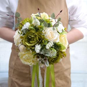 Dekorativa blommor brudbrudtärna rose konstgjorda holding mariage bukett med siden satin band bröllopstillbehör favoriter