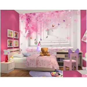 Bakgrundsbilder V￤ggpapper 3 D Custom Po Pink Cherry Butterfly Childrens Room Home Decor 3D V￤ggm￥lningar Bakgrund f￶r sovrumsv￤ggar Drop Deliv DHYV4