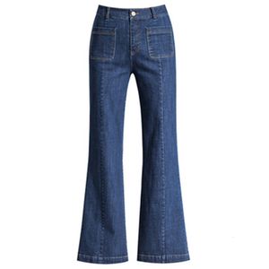 Kvinnors jean mode flare förtjockar varma stretch stora fickor höst vinter sammet bred ben denim hög midja s 230111