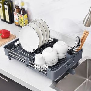 Dish Racks Torkställ Rostfritt stål Justerbara köksplattor Arrangör med dräneringsbräda över diskbänkskåp förvaringshållare 230111