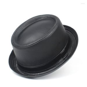 Wide Brim Hats Men Balck Pork Pie Hat For Dad Leather Fedora Fashion Gentleman Flat Bowler Porkpie Top Size S M L XL