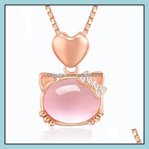 Pendant Necklaces Rose Gold Cute Cat Ross Quartz Pink Opal Jewelry Necklace For Women Girls Children Gift Choker Drop Delivery Pendan Dhvdj