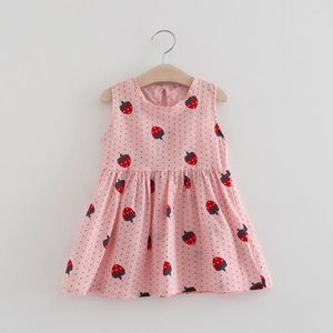 Flickaklänningar klänningar smidig tryckt härlig ärmlös jordgubbsving lite för barn