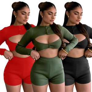 Großhandel Rippen -Outfits Frauen Zwei -Stück -Set Tracksuits Autumn Kleidung Sexy Long Sleeve Hollow Out Crop Top und Shorts Casual Sportswear Solid Sports Anzüge 9181