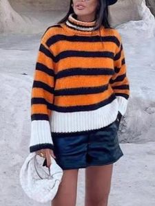 Kadın Sweaters Puwd Büyük Boy Kadın Belktlenek Örme Sweater 2023 Sonbahar-Kışlık Sıradan Gevşek Kadın Çizgili Örgü Top