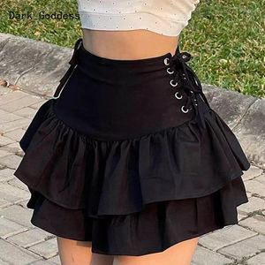 Skirts Goth Egirl Kawaii Harajuku Black Women's Mini Skirt Y2k Gothic Sexy High Waist Bandage Pleated Ruffled Hem Party Dress