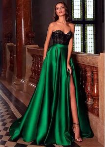 غامق الأخضر طويل انقسام الفساتين السهرة الأسود الدانتيل الأعلى الحبيب الطابق الطول الرسمي حفلة حفلة موسيقية فيستدو فيستا 2023