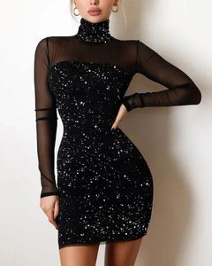 Casual Dresses Nowsaa Glitter High Neck Contrast Mesh Bodycon Bandage Dress Party Sexig Club Vestidos Backless