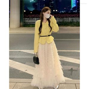 Work Dresses Korean 2 Piece Sets Women 2023 Autumn Winter Elegnat Fashion Solid Belt Blazer Jacket High Waist A-line Skirts S76