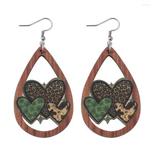 Hoop Earrings Hollowed Out Green Wooden Water Drop Holiday Wear Ornament