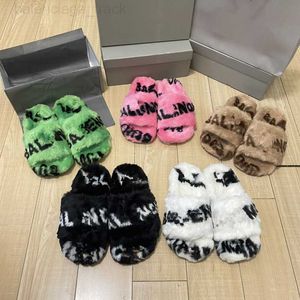 2022 Brand Women Furry Slippers Fluffy Faux Fur Slides Full Letters Printed Luxury Designer Indoor House Shoes Pillow Soft Winter Warm