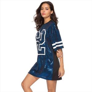 18634 Womens Mid Length Dresses Digital Printed Loose T Shirt Sequins Dress Ins