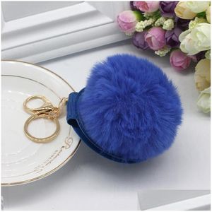 Keychains Lanyards Pu Round Cosmetic Key Ring Fashion Folding Mirror Keychain Faux Fur Puff Ball KeyFobs Holder Fluffy Pompom Keyr Dhfen