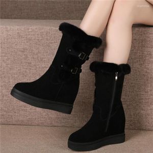 Dress Shoes Fashion Sneakers Women Genuine Leather Wedges High Heel Pumps Female Top Round Toe Winter Warm Fur Snow Boots