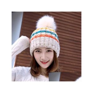 Beanie/Skull Caps Autumn Winter Womens Knit Hat Wool Ball Fleece Beanies Cap Lady Sticked Warm Crochet Hats Drop Delivery Fashion AC DHFWH