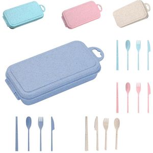 Dinnerware Sets Wheat Straws Set Portable Tableware Cutter Fork Spoon Chopsticks Travel Cutlery With Utensil Box