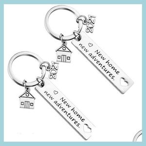 Keychains Lanyards Stainless Steel Housewarming Keychain Pendant Family Love Creative House Lage Decoration Key Ring 12X50Mm Whole Dhftl