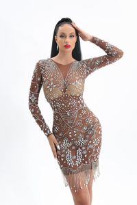 Scenkläder silver strass kedjor bruna stretch kristaller klär kvinnor dansare transparent outfit kväll födelsedag prom kort