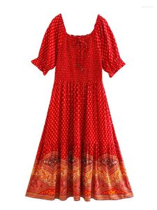 Casual Dresses Red/Pink Rayon Splice Wood Ear Slash Collar Flower Print Dress Hippie Women Elastic Ruched Full Lantern Sleeve Mini Robe