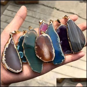 Charms Gold Plating Natural Agate Stone Slices Green Purple Slice Wind Bell Tablet Sweater Chain Pendant Home Ornaments Drop Deliver Dhhzl