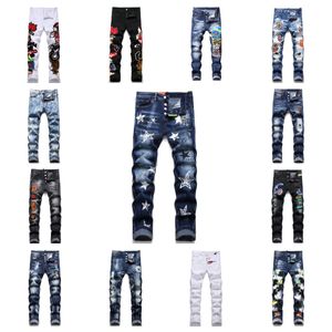 Nowe dżinsy spodnie chino spodni męskie spodnie rozciągają blisko dopasowane spodnie zmyte proste chude haftowe patchwork Ripped męski trend marki motocykl dżinsy-01