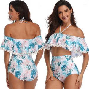 Kvinnors badkläder Hög midja Halter Bikini Set 2023 Sexig av axel Kvinnor Floral Baddräkt Ruffle Bathing Suit Beachwear Biquini Kvinna