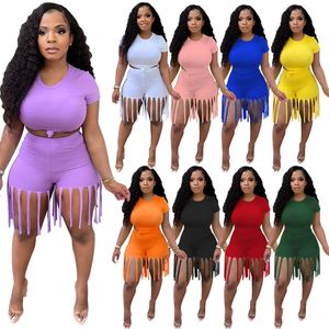 Designer Plus size 3XL 4XL Summer Women Cotton Tracksuits Short Sleeve Outfits Pullover T-shirt and Tassels Shorts Two Piece Sets Sportswear Casual Sportswear 9176