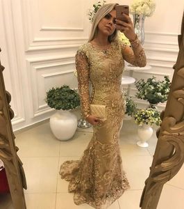 Elegant Gold Floral Lace Mermaid Evening Dresses Long Sleeves Applique Beaded Long Prom Dress Formal Event Party Gowns Classic Women Mother Wear