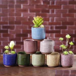 Planters krukor Ice Cracked Mini Ceramic Flower Pot Colorf Söt blomkruka för skrivbordsdekoration köttiga krukväxter 8 färger släpp d dhrxe