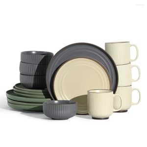 Plates Europe 16pcs Cafe Vertical Stripe Kitchen Dinnerware Set Bowls Mugs Combination Tableware Service For 4 Person (3colors)